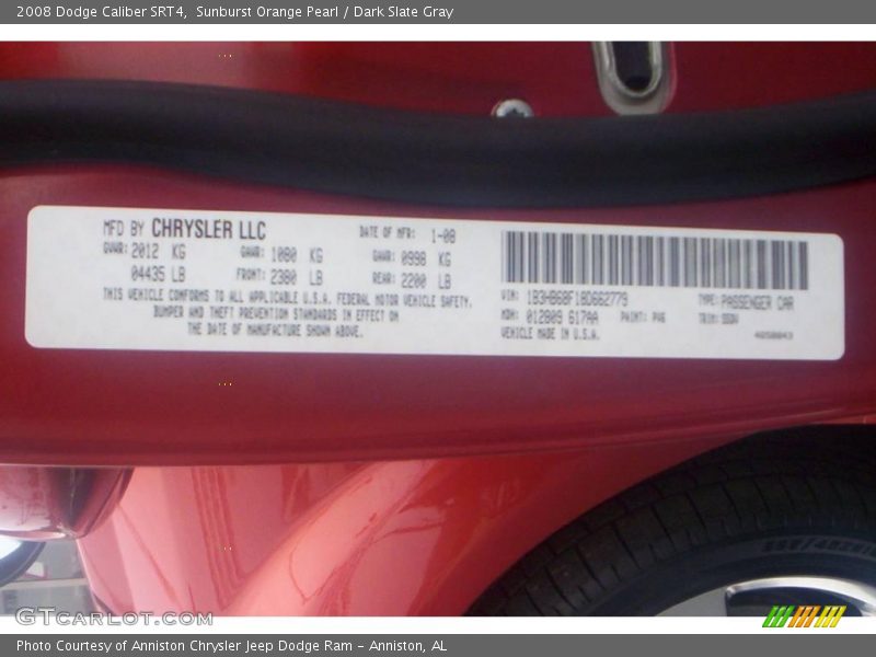Sunburst Orange Pearl / Dark Slate Gray 2008 Dodge Caliber SRT4