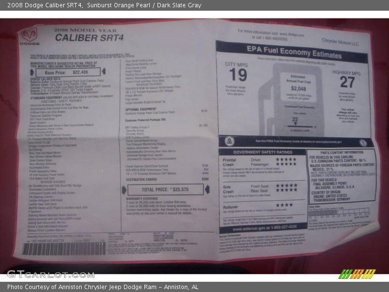 Sunburst Orange Pearl / Dark Slate Gray 2008 Dodge Caliber SRT4