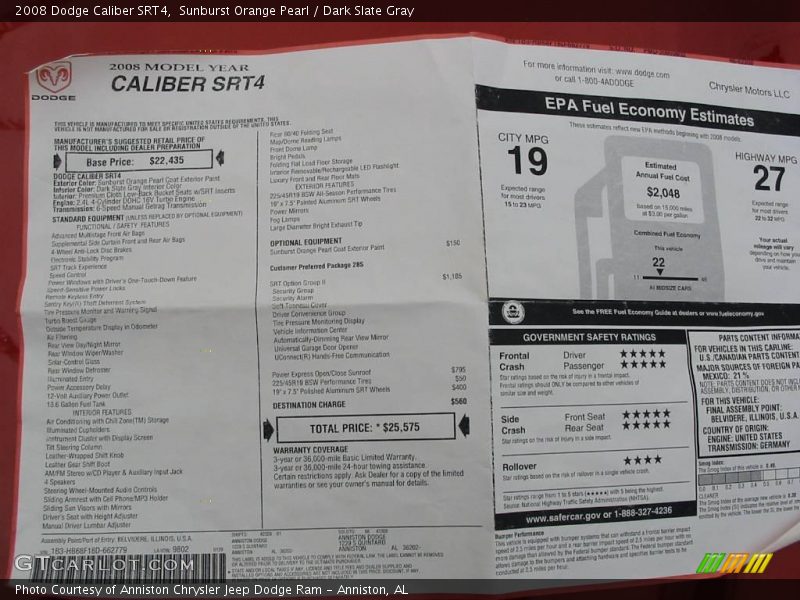 Sunburst Orange Pearl / Dark Slate Gray 2008 Dodge Caliber SRT4
