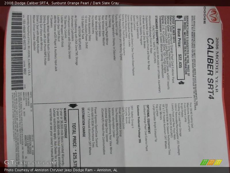 Sunburst Orange Pearl / Dark Slate Gray 2008 Dodge Caliber SRT4