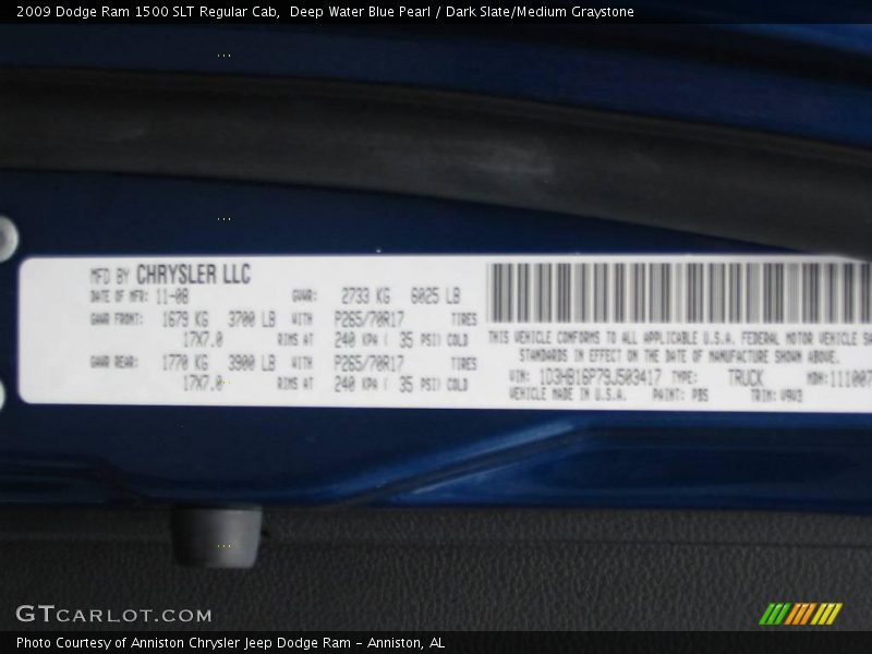 Deep Water Blue Pearl / Dark Slate/Medium Graystone 2009 Dodge Ram 1500 SLT Regular Cab