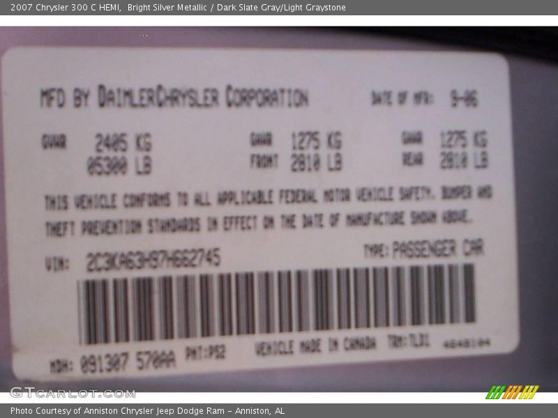 Bright Silver Metallic / Dark Slate Gray/Light Graystone 2007 Chrysler 300 C HEMI