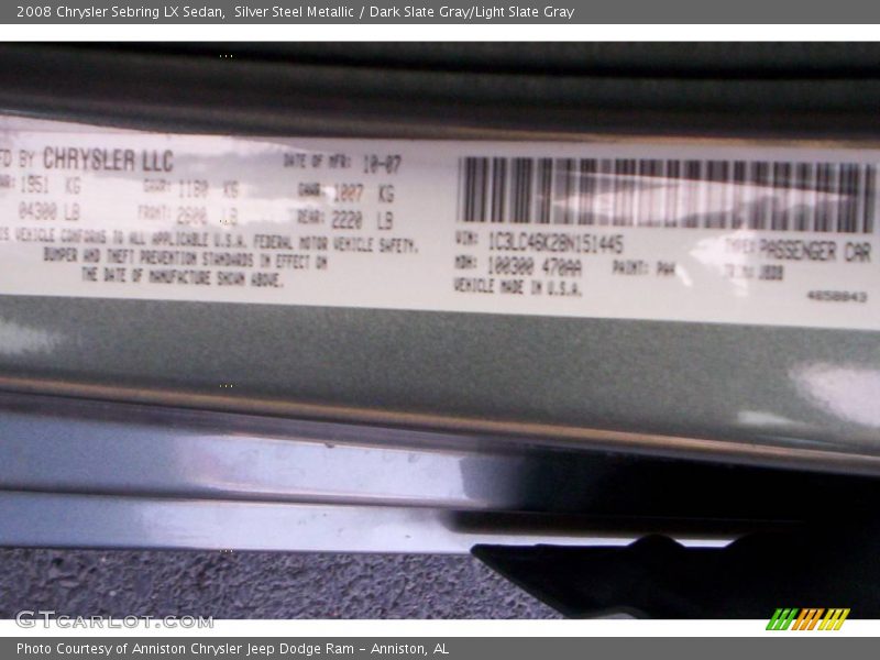 Silver Steel Metallic / Dark Slate Gray/Light Slate Gray 2008 Chrysler Sebring LX Sedan