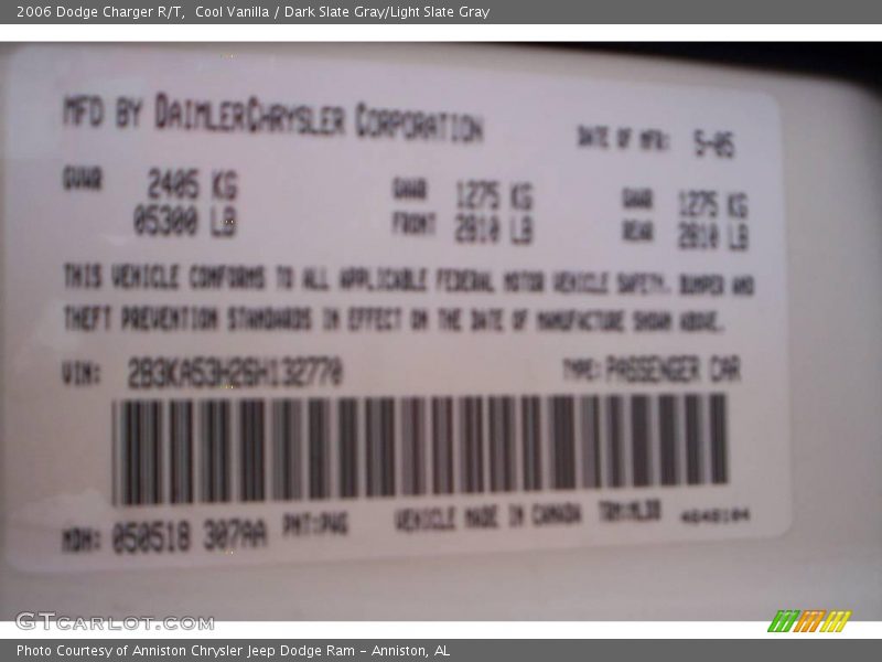 2006 Charger R/T Cool Vanilla Color Code PWG