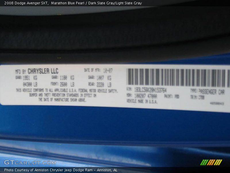 Marathon Blue Pearl / Dark Slate Gray/Light Slate Gray 2008 Dodge Avenger SXT