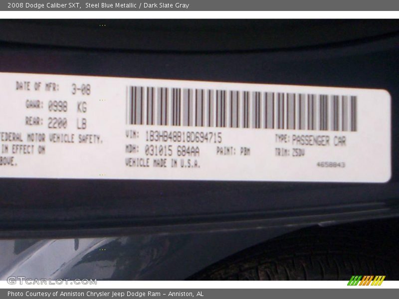 Steel Blue Metallic / Dark Slate Gray 2008 Dodge Caliber SXT