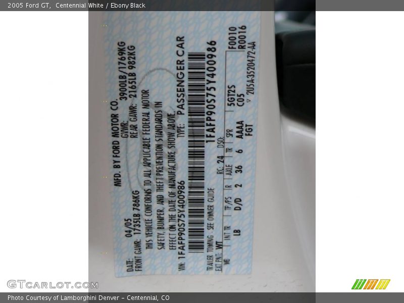 2005 GT  Centennial White Color Code WT