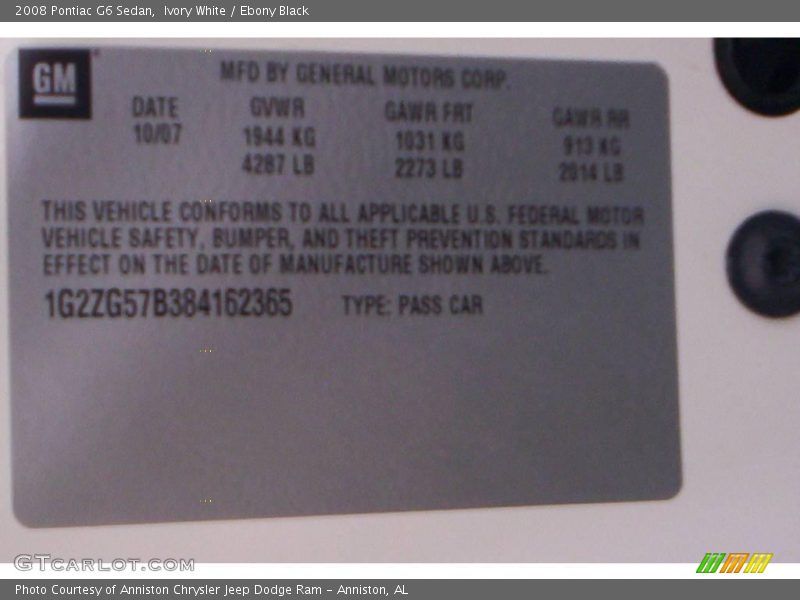Ivory White / Ebony Black 2008 Pontiac G6 Sedan