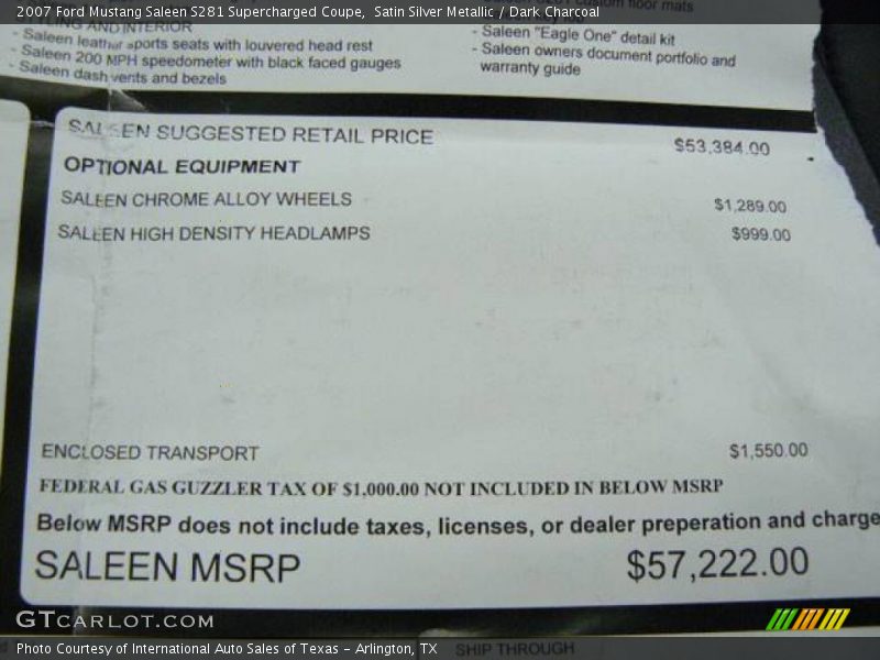  2007 Mustang Saleen S281 Supercharged Coupe Window Sticker