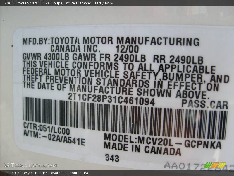 White Diamond Pearl / Ivory 2001 Toyota Solara SLE V6 Coupe
