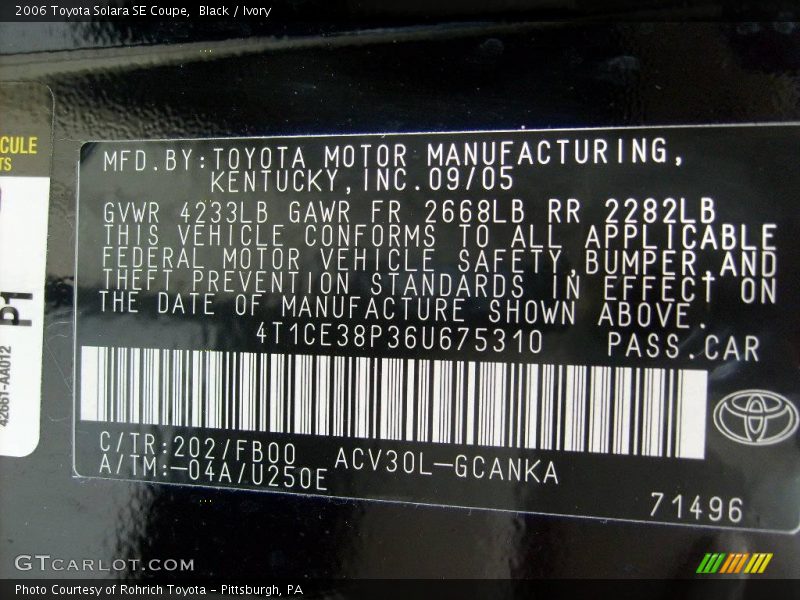 Black / Ivory 2006 Toyota Solara SE Coupe