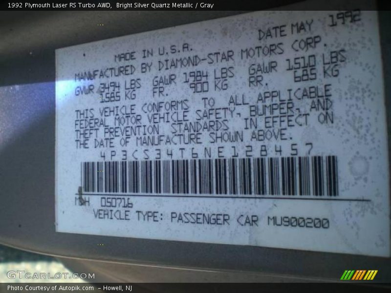 Bright Silver Quartz Metallic / Gray 1992 Plymouth Laser RS Turbo AWD