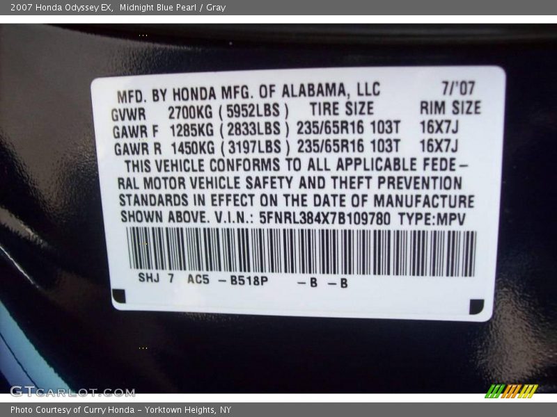 Midnight Blue Pearl / Gray 2007 Honda Odyssey EX