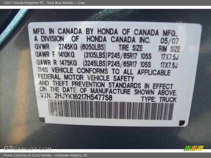 Steel Blue Metallic / Gray 2007 Honda Ridgeline RT