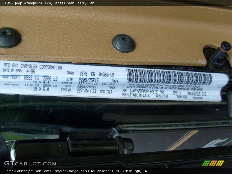 Moss Green Pearl / Tan 1997 Jeep Wrangler SE 4x4