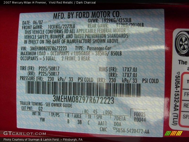 Vivid Red Metallic / Dark Charcoal 2007 Mercury Milan I4 Premier