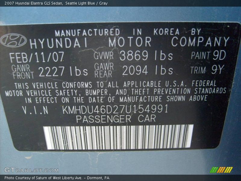 Seattle Light Blue / Gray 2007 Hyundai Elantra GLS Sedan