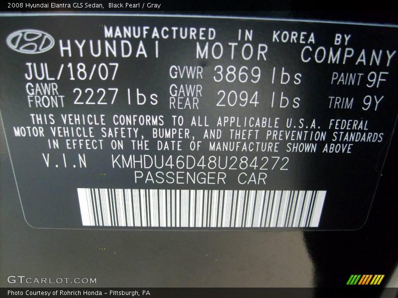Black Pearl / Gray 2008 Hyundai Elantra GLS Sedan