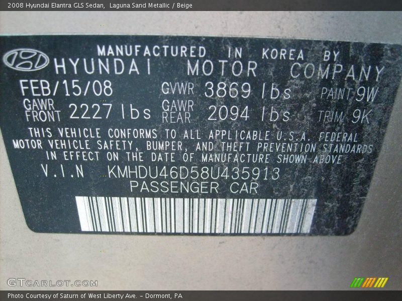 Laguna Sand Metallic / Beige 2008 Hyundai Elantra GLS Sedan