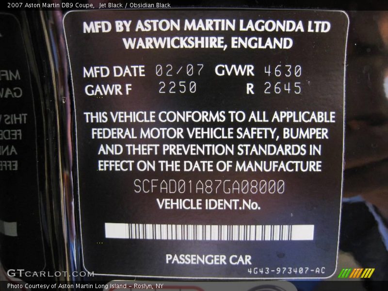 Jet Black / Obsidian Black 2007 Aston Martin DB9 Coupe