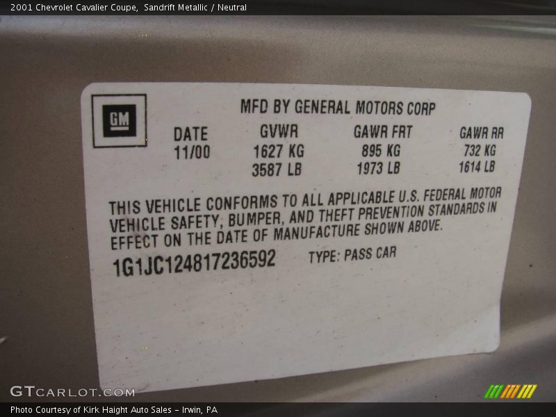 Sandrift Metallic / Neutral 2001 Chevrolet Cavalier Coupe