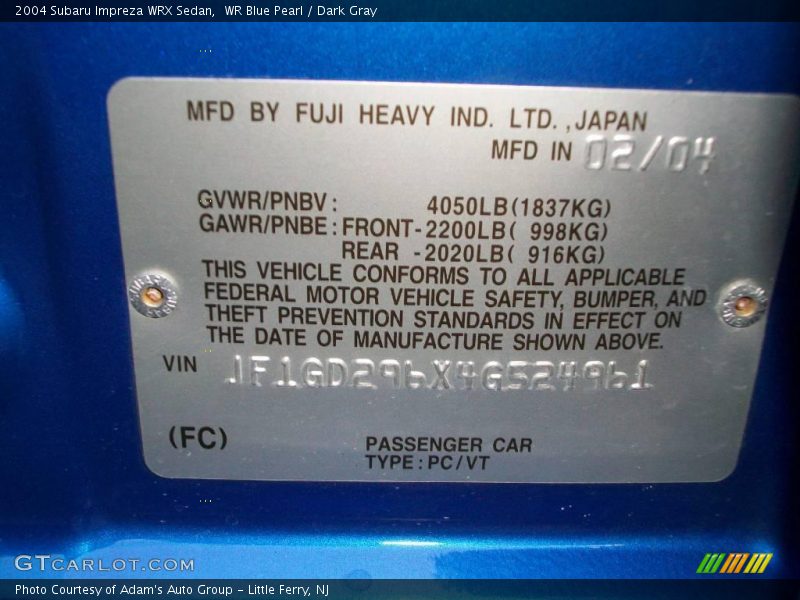 WR Blue Pearl / Dark Gray 2004 Subaru Impreza WRX Sedan