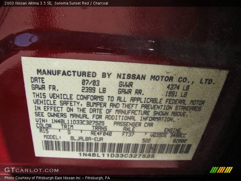 Sonoma Sunset Red / Charcoal 2003 Nissan Altima 3.5 SE