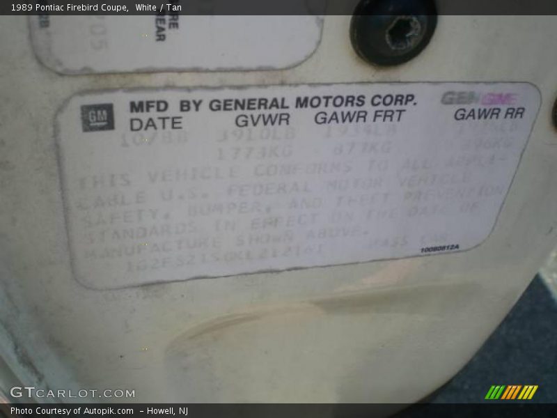 White / Tan 1989 Pontiac Firebird Coupe