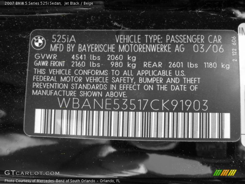 Jet Black / Beige 2007 BMW 5 Series 525i Sedan