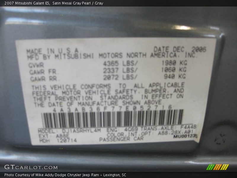 Satin Mesai Gray Pearl / Gray 2007 Mitsubishi Galant ES