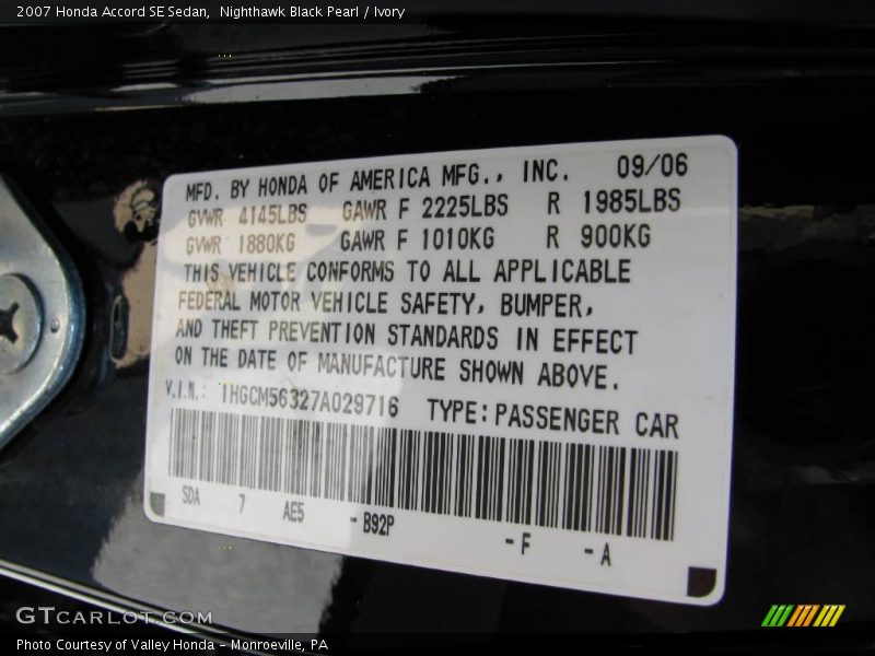 Nighthawk Black Pearl / Ivory 2007 Honda Accord SE Sedan