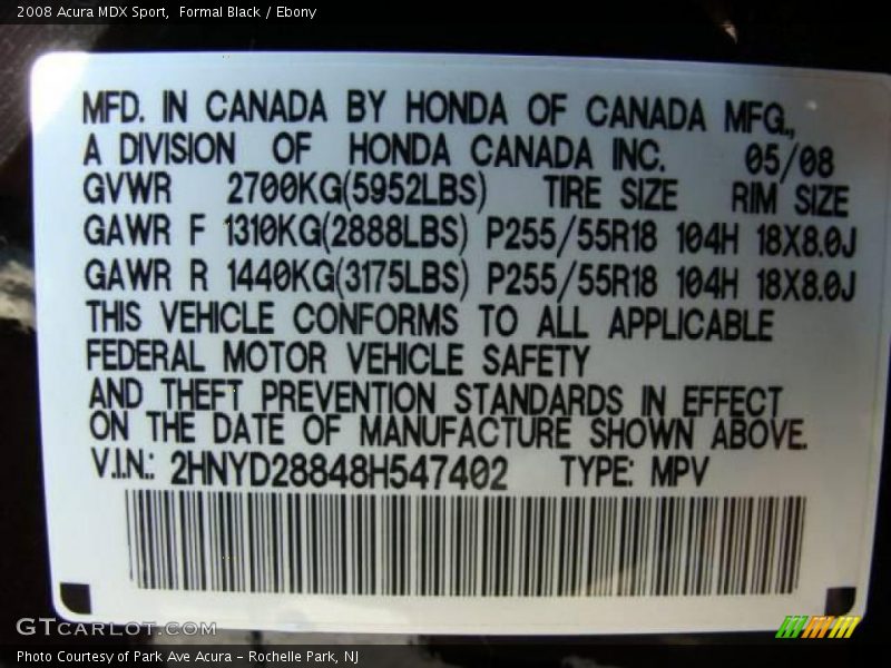 Formal Black / Ebony 2008 Acura MDX Sport