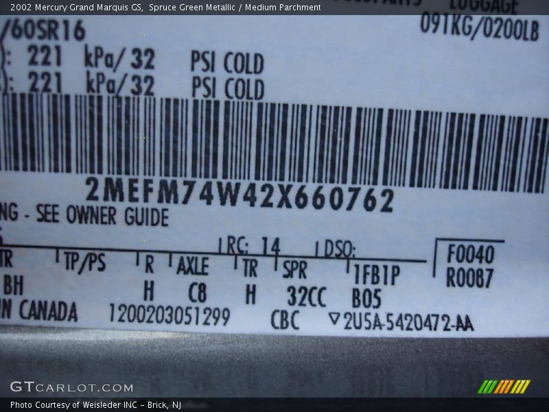 Spruce Green Metallic / Medium Parchment 2002 Mercury Grand Marquis GS