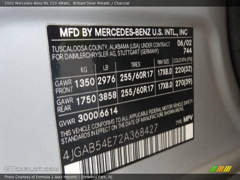 Brilliant Silver Metallic / Charcoal 2002 Mercedes-Benz ML 320 4Matic