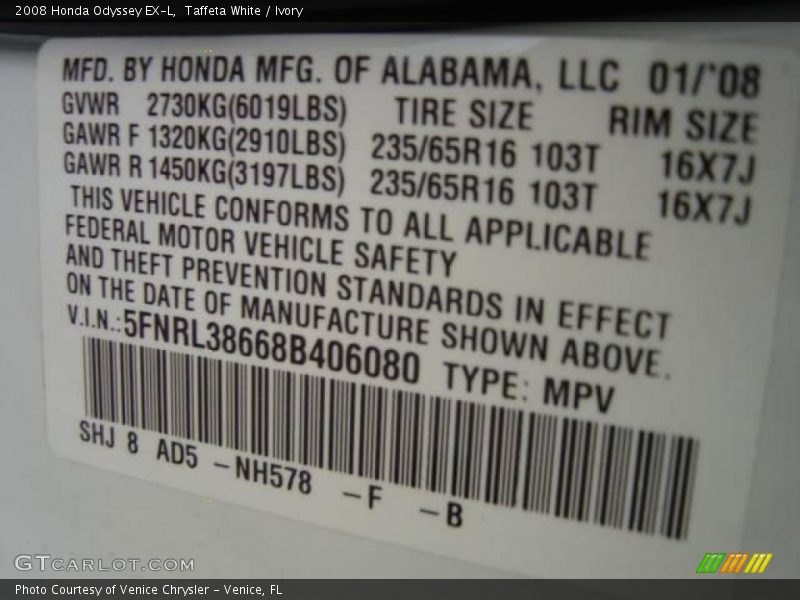 Taffeta White / Ivory 2008 Honda Odyssey EX-L