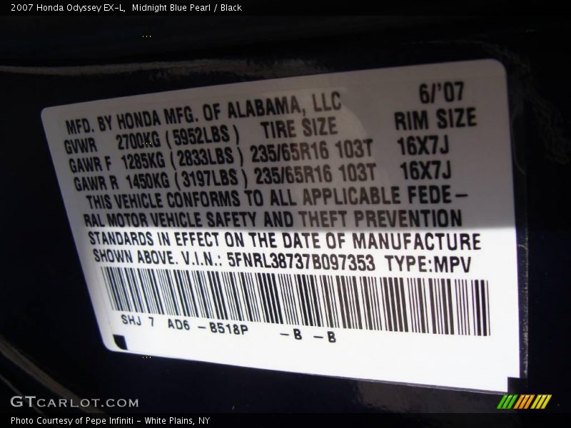 2007 Odyssey EX-L Midnight Blue Pearl Color Code B518P