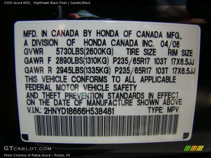 Nighthawk Black Pearl / Saddle/Black 2006 Acura MDX