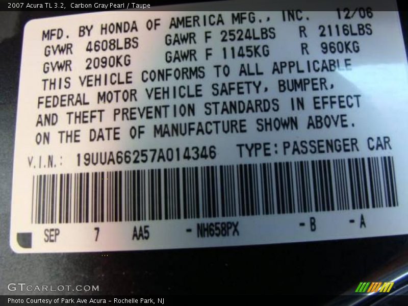 Carbon Gray Pearl / Taupe 2007 Acura TL 3.2