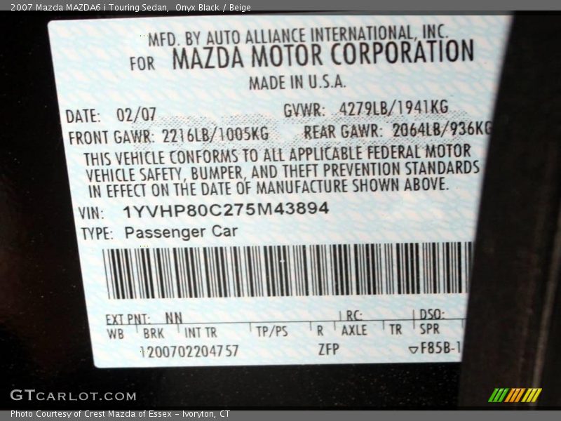 Onyx Black / Beige 2007 Mazda MAZDA6 i Touring Sedan