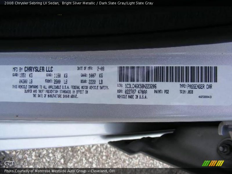 Bright Silver Metallic / Dark Slate Gray/Light Slate Gray 2008 Chrysler Sebring LX Sedan