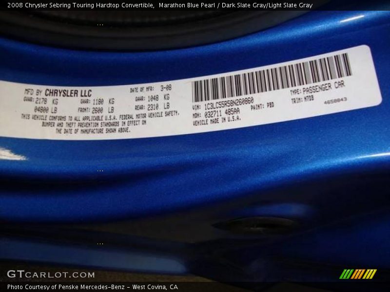 Marathon Blue Pearl / Dark Slate Gray/Light Slate Gray 2008 Chrysler Sebring Touring Hardtop Convertible