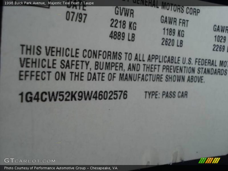 Majestic Teal Pearl / Taupe 1998 Buick Park Avenue