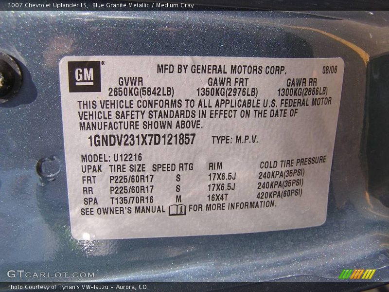 Blue Granite Metallic / Medium Gray 2007 Chevrolet Uplander LS