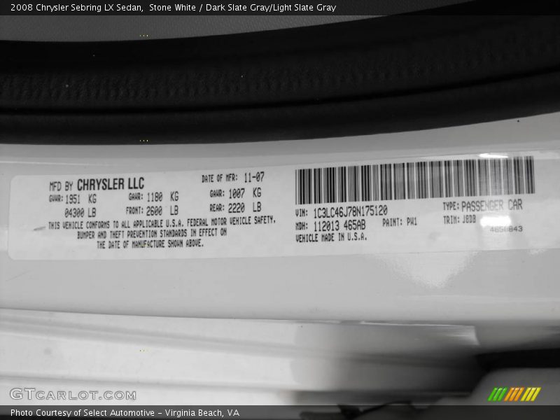 Stone White / Dark Slate Gray/Light Slate Gray 2008 Chrysler Sebring LX Sedan