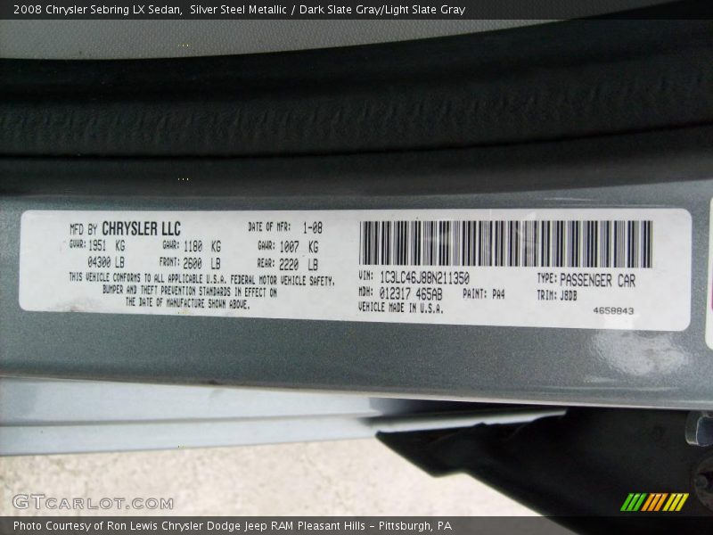 Silver Steel Metallic / Dark Slate Gray/Light Slate Gray 2008 Chrysler Sebring LX Sedan
