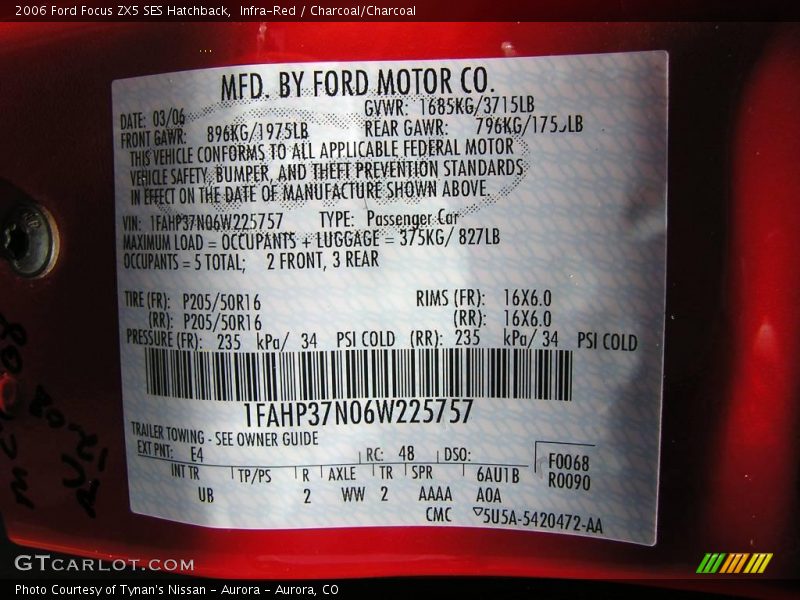 Infra-Red / Charcoal/Charcoal 2006 Ford Focus ZX5 SES Hatchback