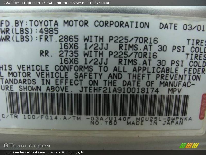 Millennium Silver Metallic / Charcoal 2001 Toyota Highlander V6 4WD