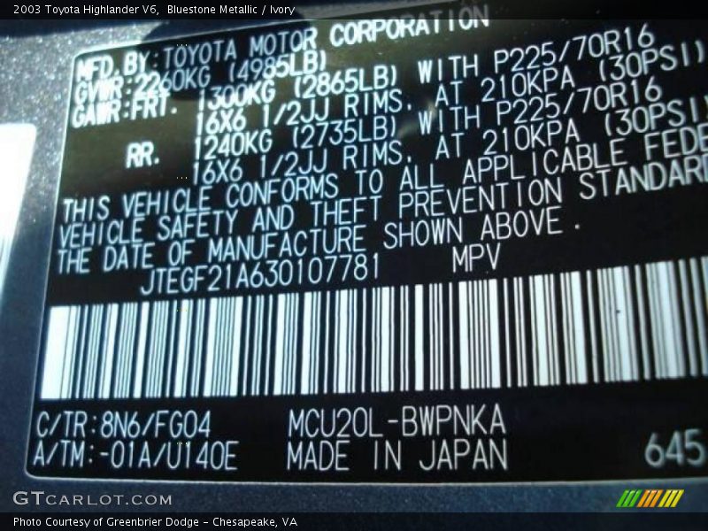 Bluestone Metallic / Ivory 2003 Toyota Highlander V6