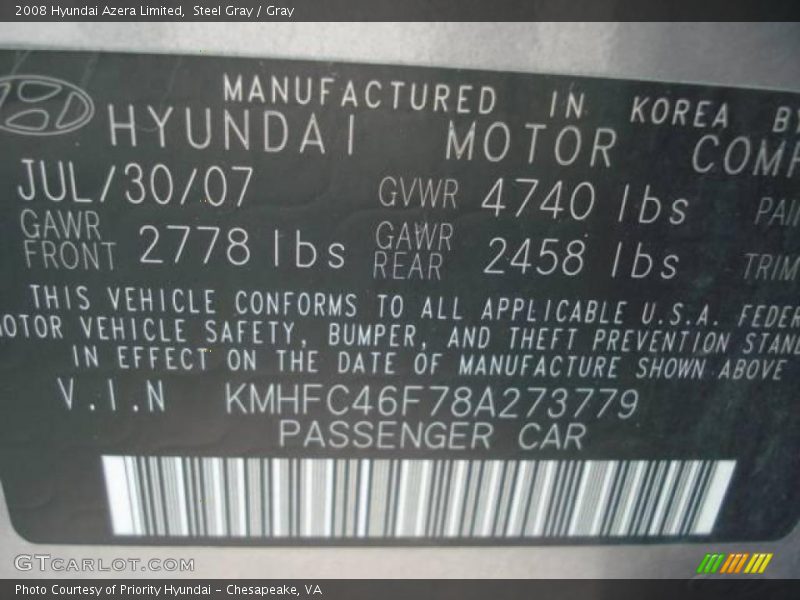 Steel Gray / Gray 2008 Hyundai Azera Limited
