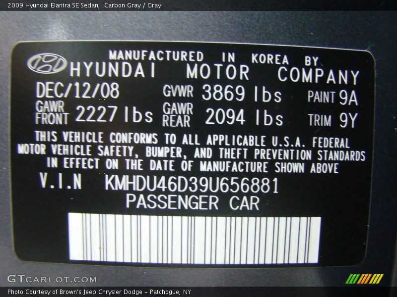 Carbon Gray / Gray 2009 Hyundai Elantra SE Sedan